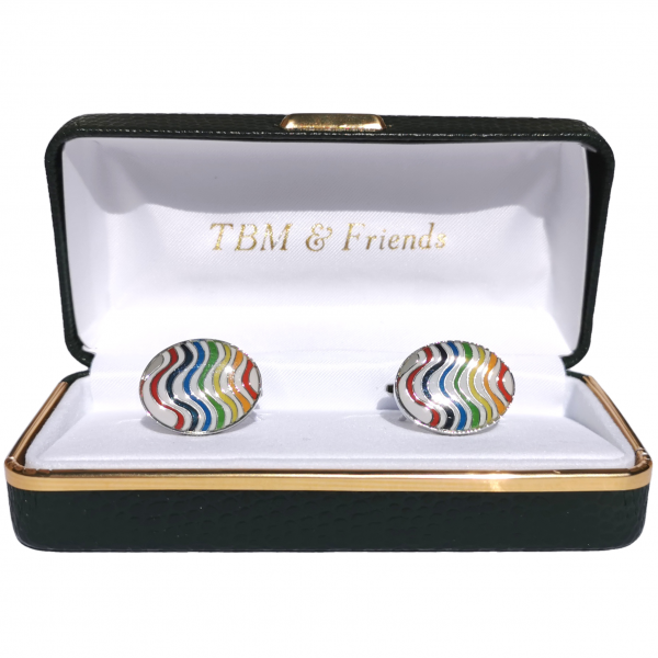 Rainbow Wave Oval Enamel and Rhodium Plate Cufflinks from Dalaco - box