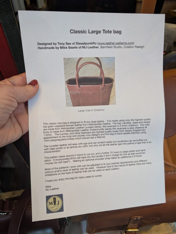 Large chestnut Tote Bag by Michael James Leather - text