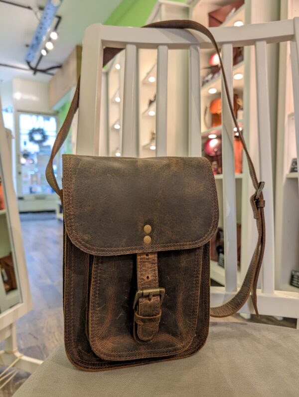 Portrait Crossbody Bag in Brown Buffalo Leather by Paper High (strap showing)